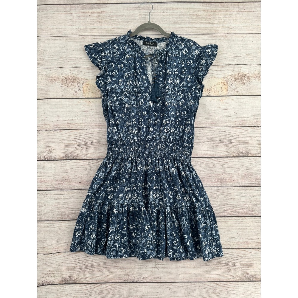 Lauren Ralph Lauren Dress Womens M Blue Floral Paisley Smocked Ruffle Cotton